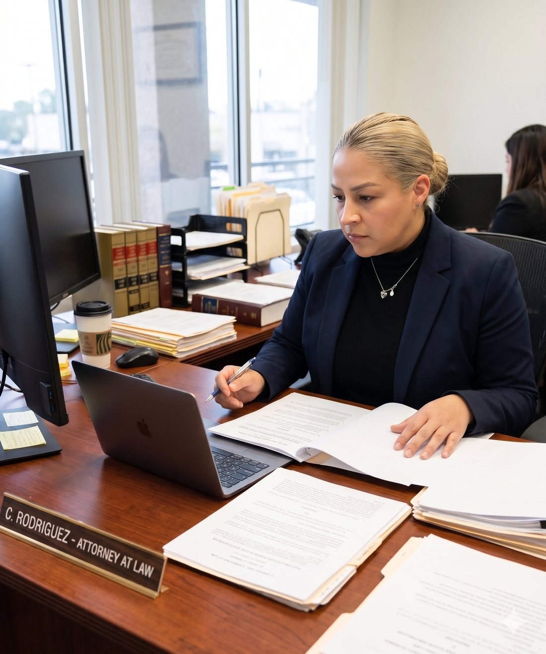 María E. Fernández trabajando en su oficina en Calexico